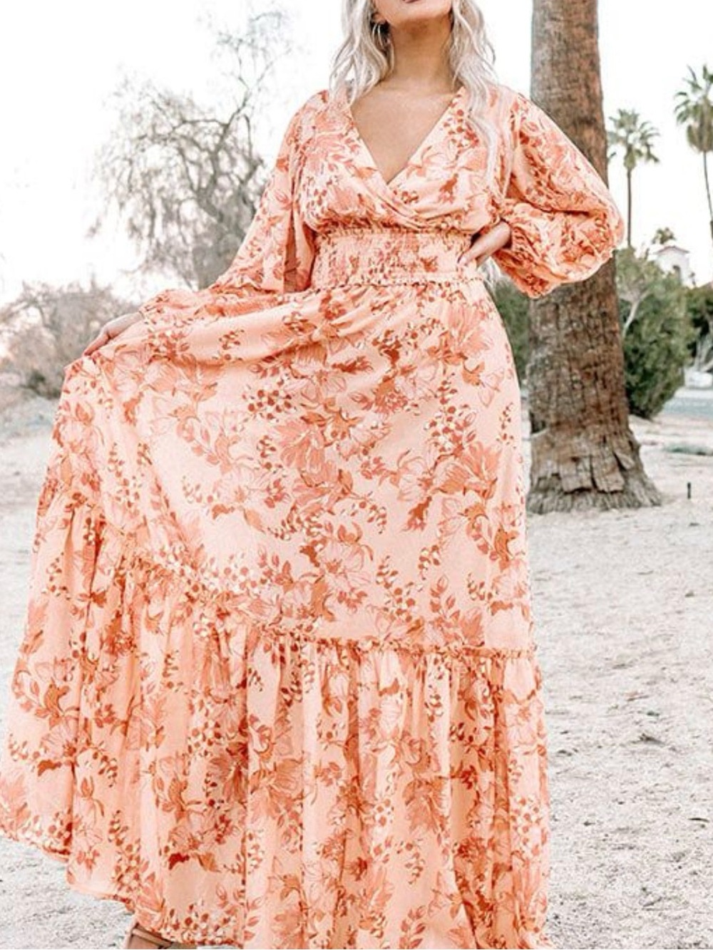 Flying Tomato Peach Floral Smocked Waist Maxi Dress Size Large